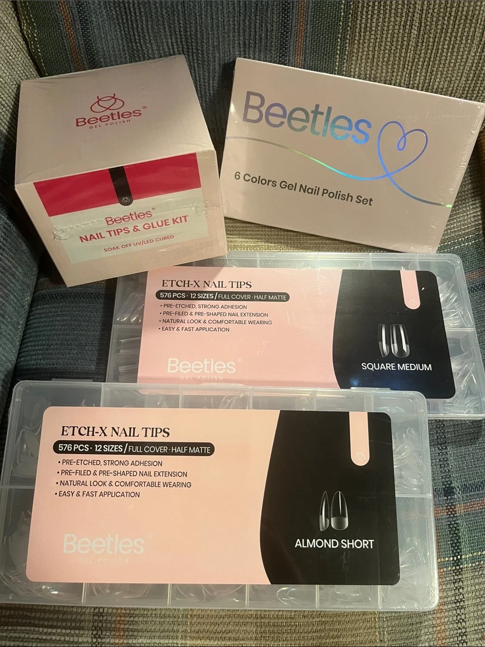 4 Beetles Bundle Nail Tips Glue Gel Polish Set Etch-X Almond Short Square Medium